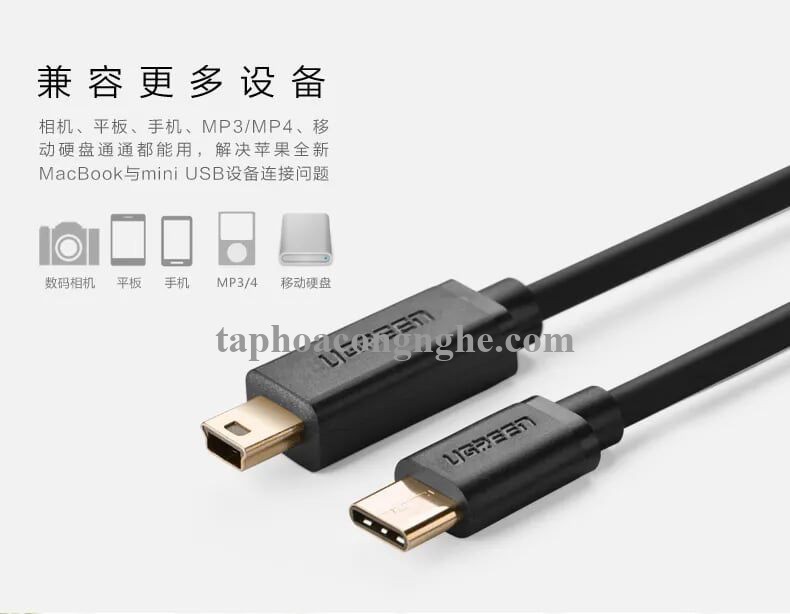 Ugreen 30188 3M màu đen mini usb sang Type-C mạ vàng 24k US153 30030188